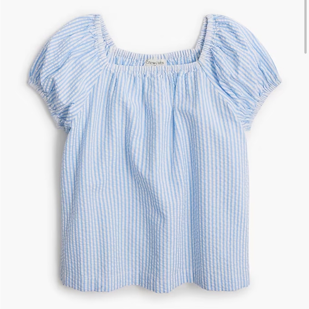 Crewcuts Girls Size 8 Blue White Seersucker Puff Sleeve Top NWT J.Crew Kids